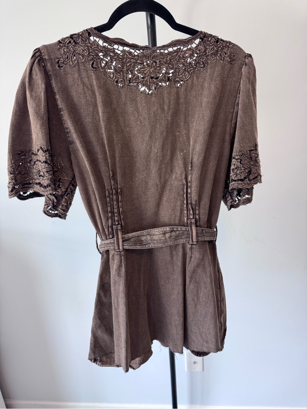 Free People Brown Lace-Trim Button Front Blouse - Picture 3 of 3
